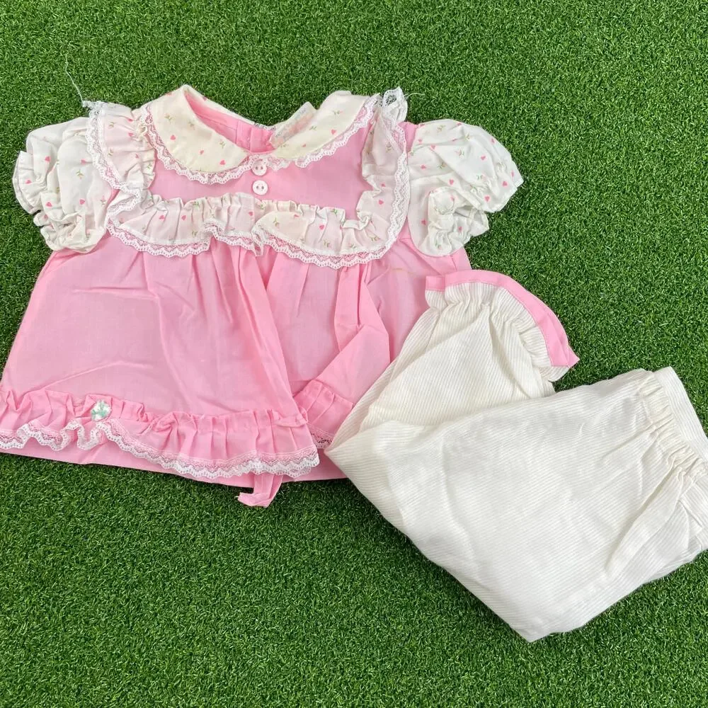Vintage Catton Candy White Pink Lace Trim Dress Pants Set